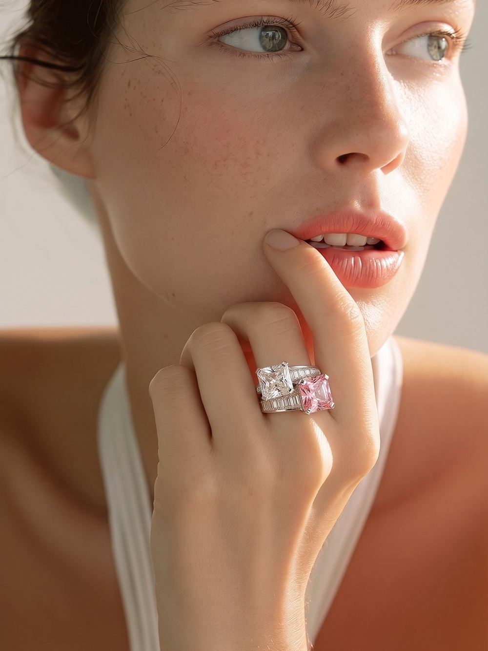 Catwalk Jon Silver tone Pink and Clear Gemstone Statement Ring